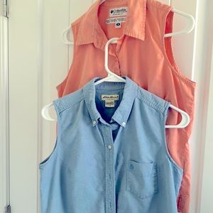 Set of Two Sleeveless Collared Shirts. Eddie Bauer S blue and a Columbia M peach
